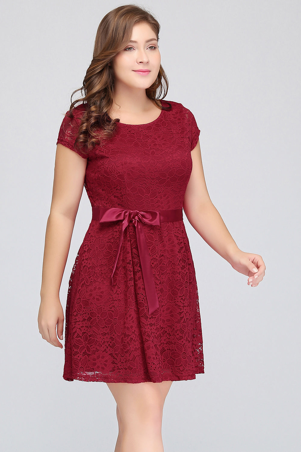 Plus Size A-Line Jewel Burgundy Lace Bridesmaid dress with Short Sleeves-Babyonlines