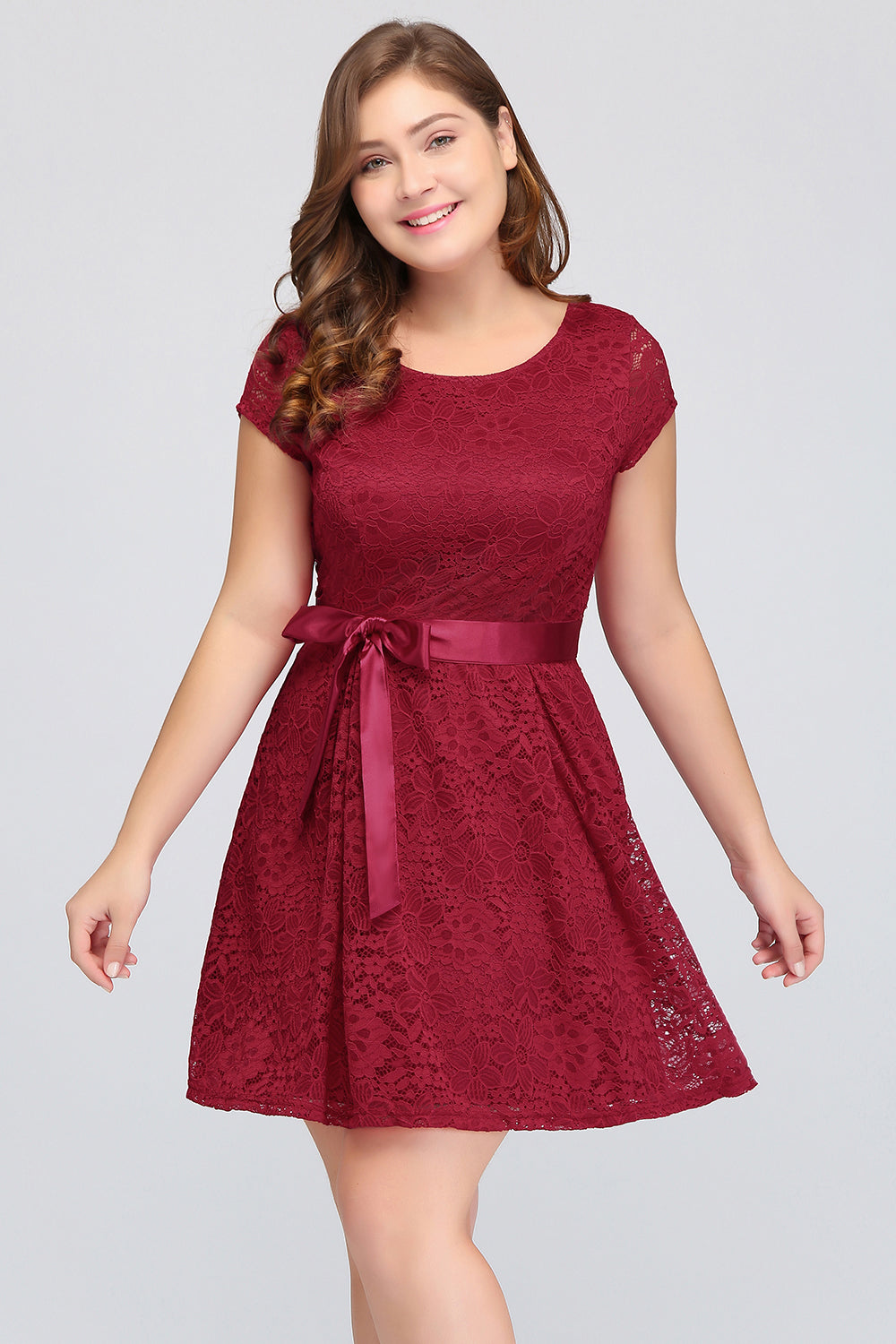 Plus Size A-Line Jewel Burgundy Lace Bridesmaid dress with Short Sleeves-Babyonlines