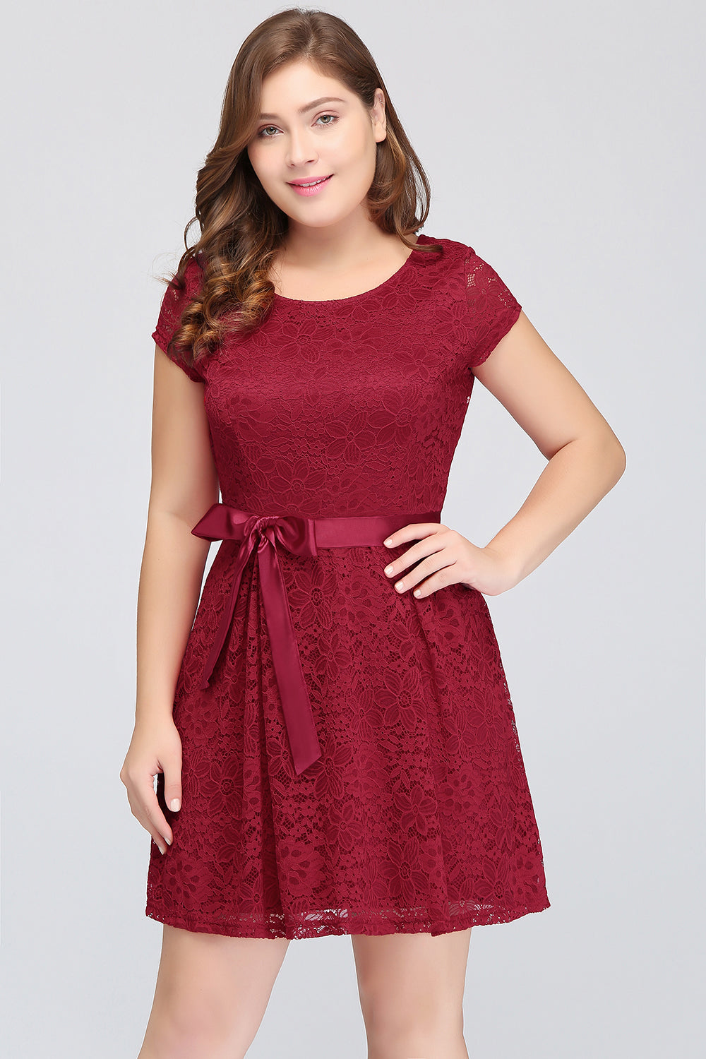 Plus Size A-Line Jewel Burgundy Lace Bridesmaid dress with Short Sleeves-Babyonlines