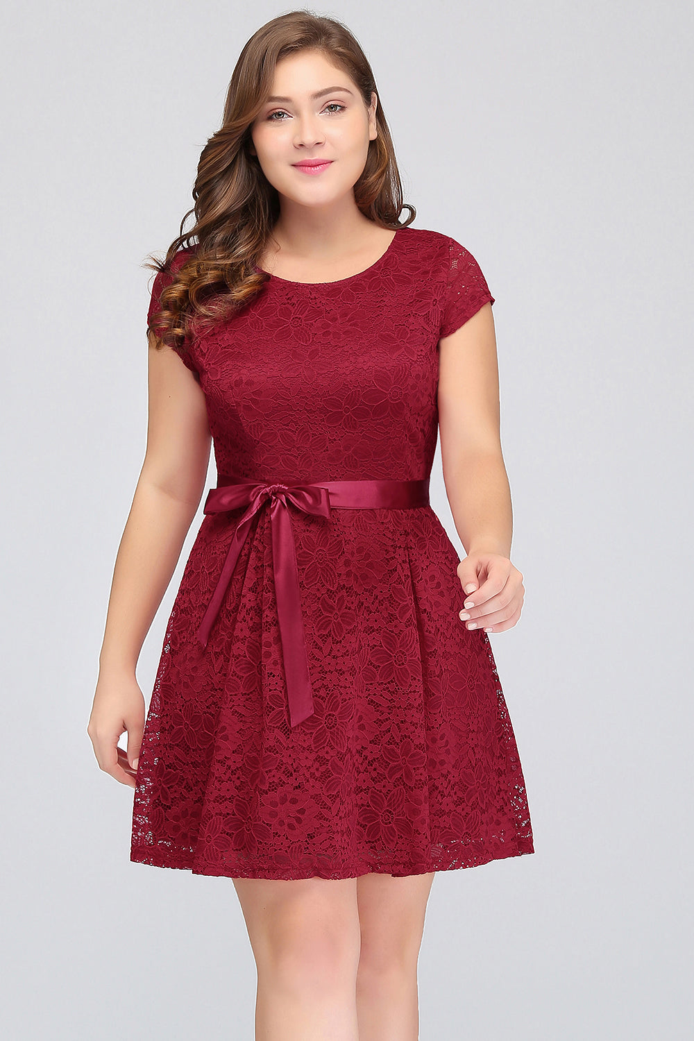 Plus Size A-Line Jewel Burgundy Lace Bridesmaid dress with Short Sleeves-Babyonlines