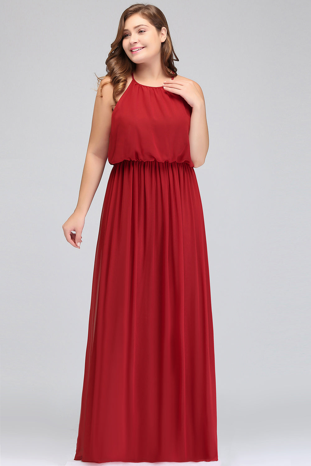 Plus Size Elegant Halter Red Chiffon Long Bridesmaid Dresses with Ruffle-Babyonlines