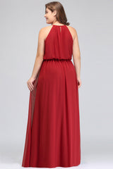 Plus Size Elegant Halter Red Chiffon Long Bridesmaid Dresses with Ruffle-Babyonlines