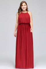 Plus Size Elegant Halter Red Chiffon Long Bridesmaid Dresses with Ruffle-Babyonlines