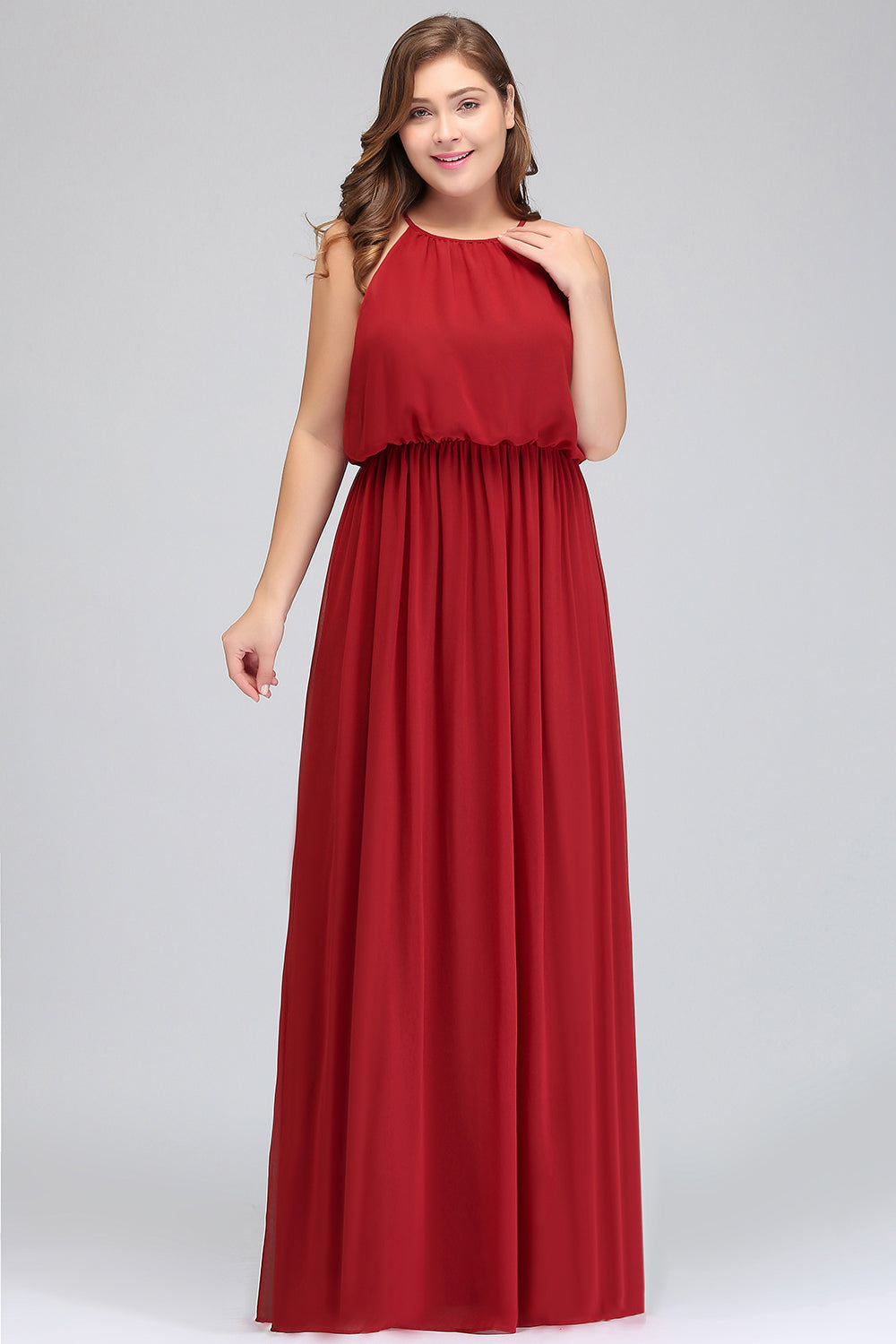 Plus Size Elegant Halter Red Chiffon Long Bridesmaid Dresses with Ruffle-Babyonlines