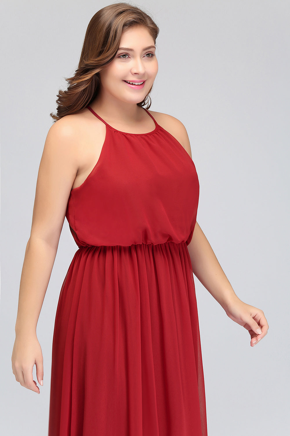 Plus Size Elegant Halter Red Chiffon Long Bridesmaid Dresses with Ruffle-Babyonlines