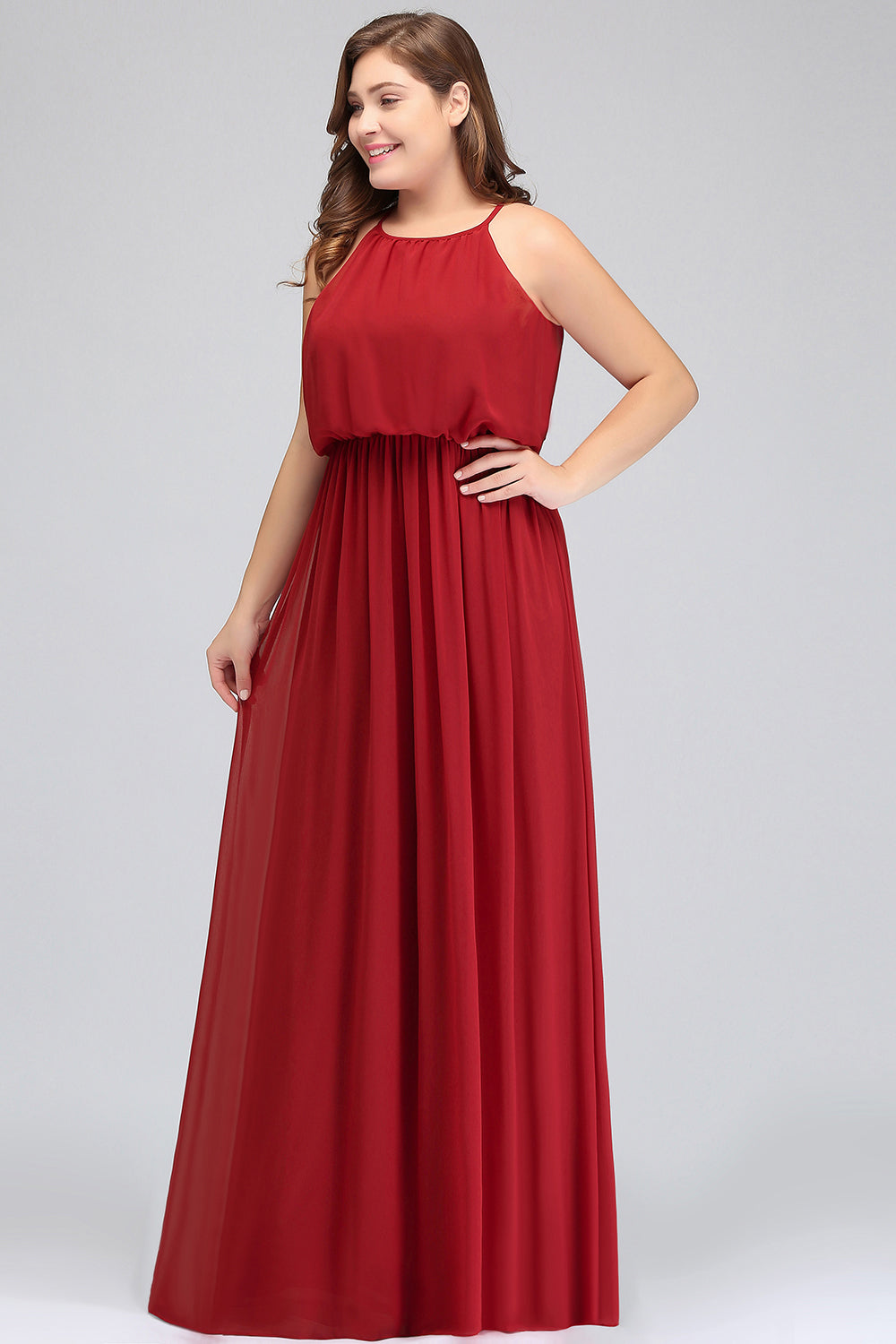 Plus Size Elegant Halter Red Chiffon Long Bridesmaid Dresses with Ruffle-Babyonlines