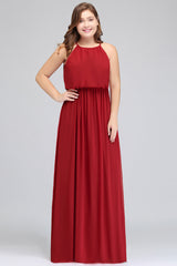 Plus Size Elegant Halter Red Chiffon Long Bridesmaid Dresses with Ruffle-Babyonlines