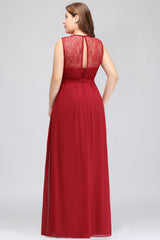 Plus Size Jewel Sleeveless Red Lace Long Bridesmaid Dress with Ruffle-Babyonlines