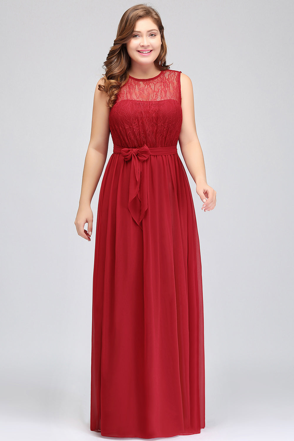 Plus Size Jewel Sleeveless Red Lace Long Bridesmaid Dress with Ruffle-Babyonlines