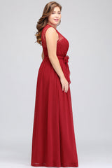 Plus Size Jewel Sleeveless Red Lace Long Bridesmaid Dress with Ruffle-Babyonlines