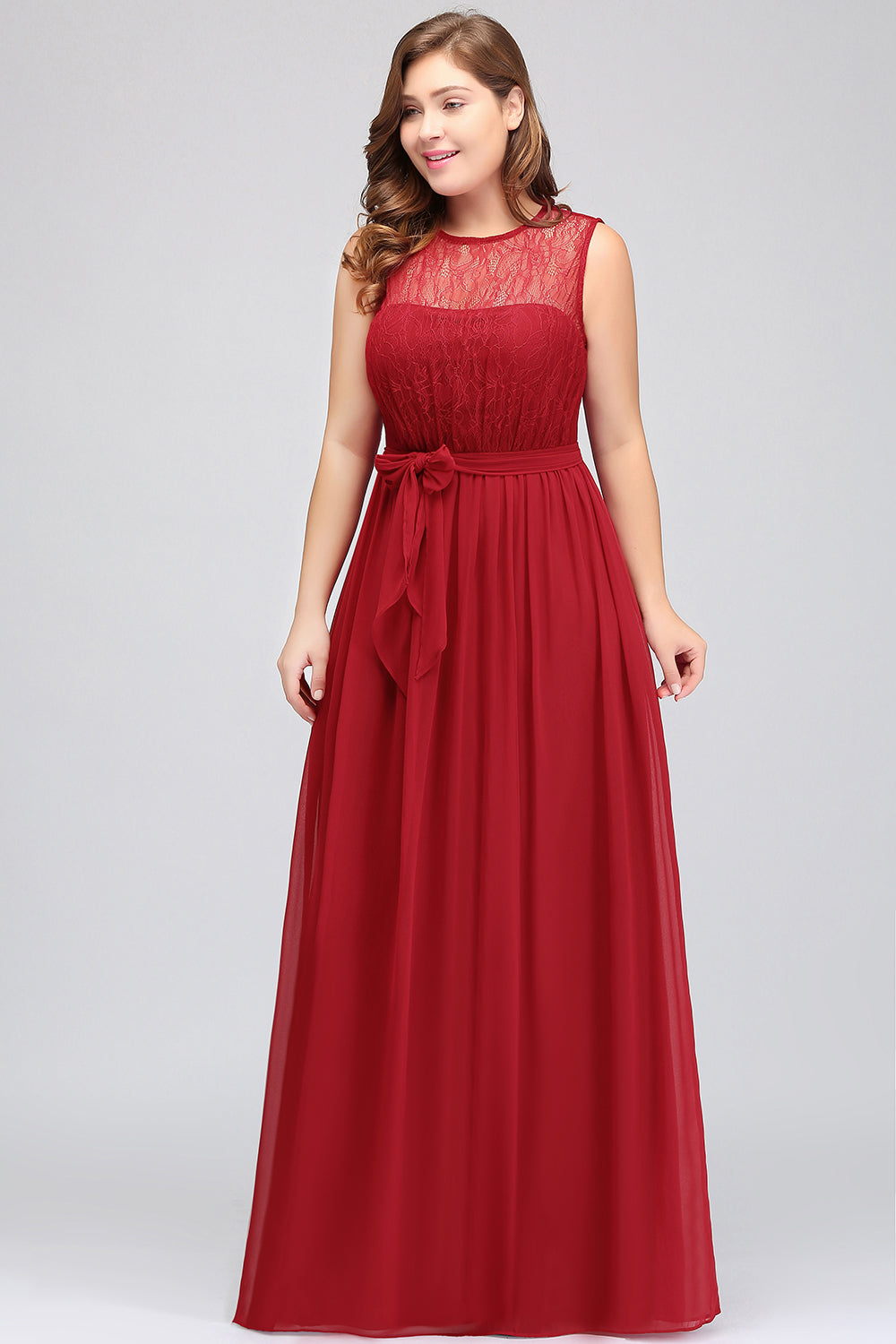 Plus Size Jewel Sleeveless Red Lace Long Bridesmaid Dress with Ruffle-Babyonlines