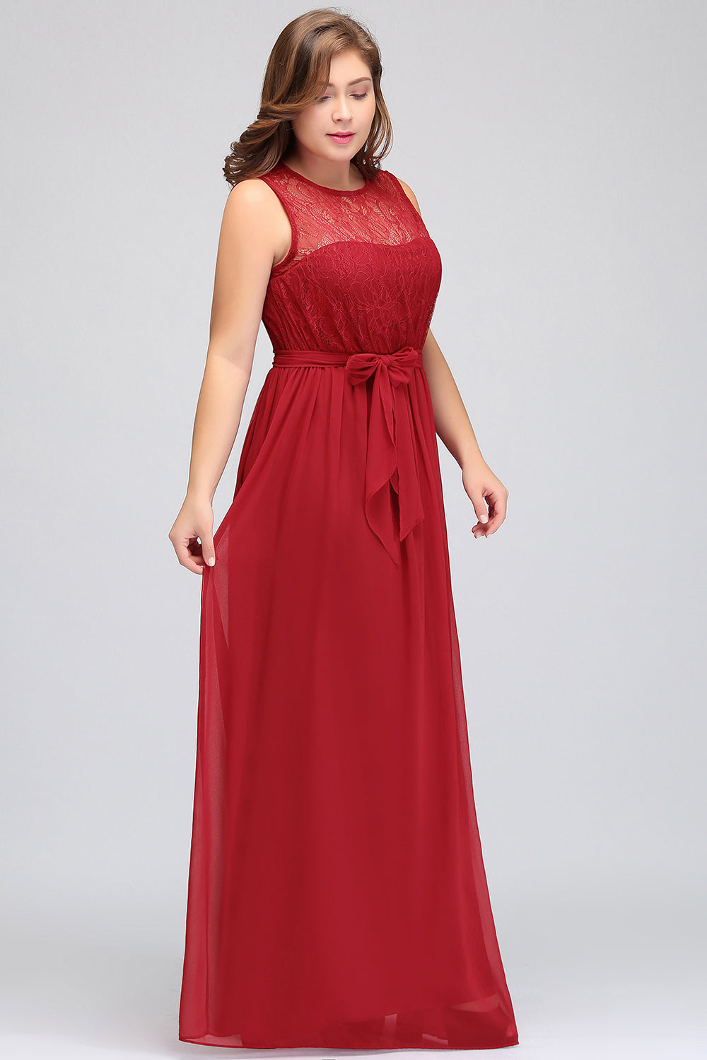 Plus Size Jewel Sleeveless Red Lace Long Bridesmaid Dress with Ruffle-Babyonlines