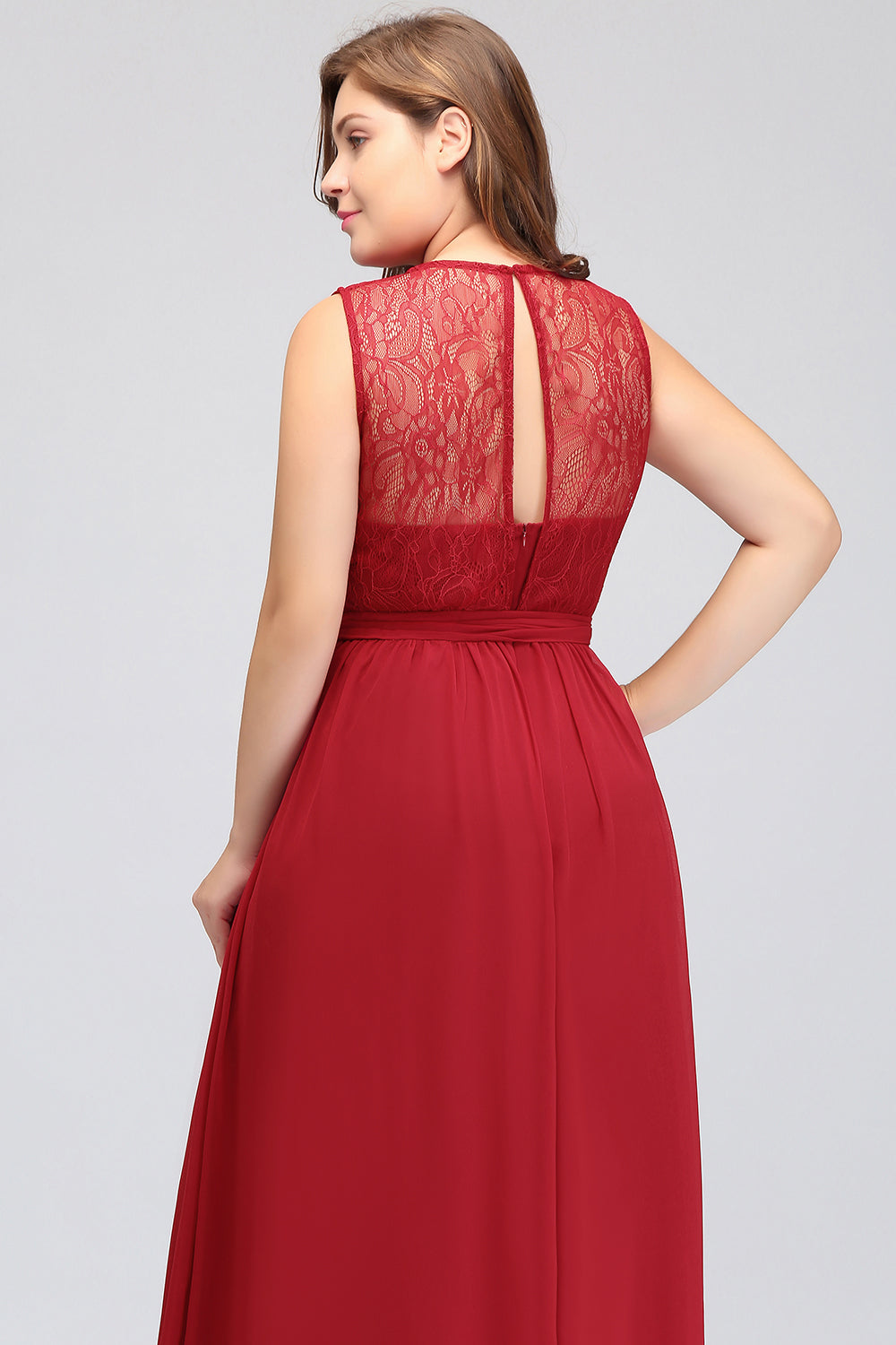 Plus Size Jewel Sleeveless Red Lace Long Bridesmaid Dress with Ruffle-Babyonlines