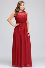 Plus Size Jewel Sleeveless Red Lace Long Bridesmaid Dress with Ruffle-Babyonlines