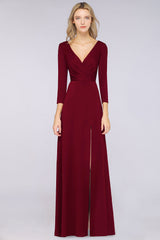 Popular Spandex Long-Sleeves Burgundy Bridesmaid Dresses with Side-Slit-Babyonlines