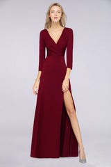 Popular Spandex Long-Sleeves Burgundy Bridesmaid Dresses with Side-Slit-Babyonlines