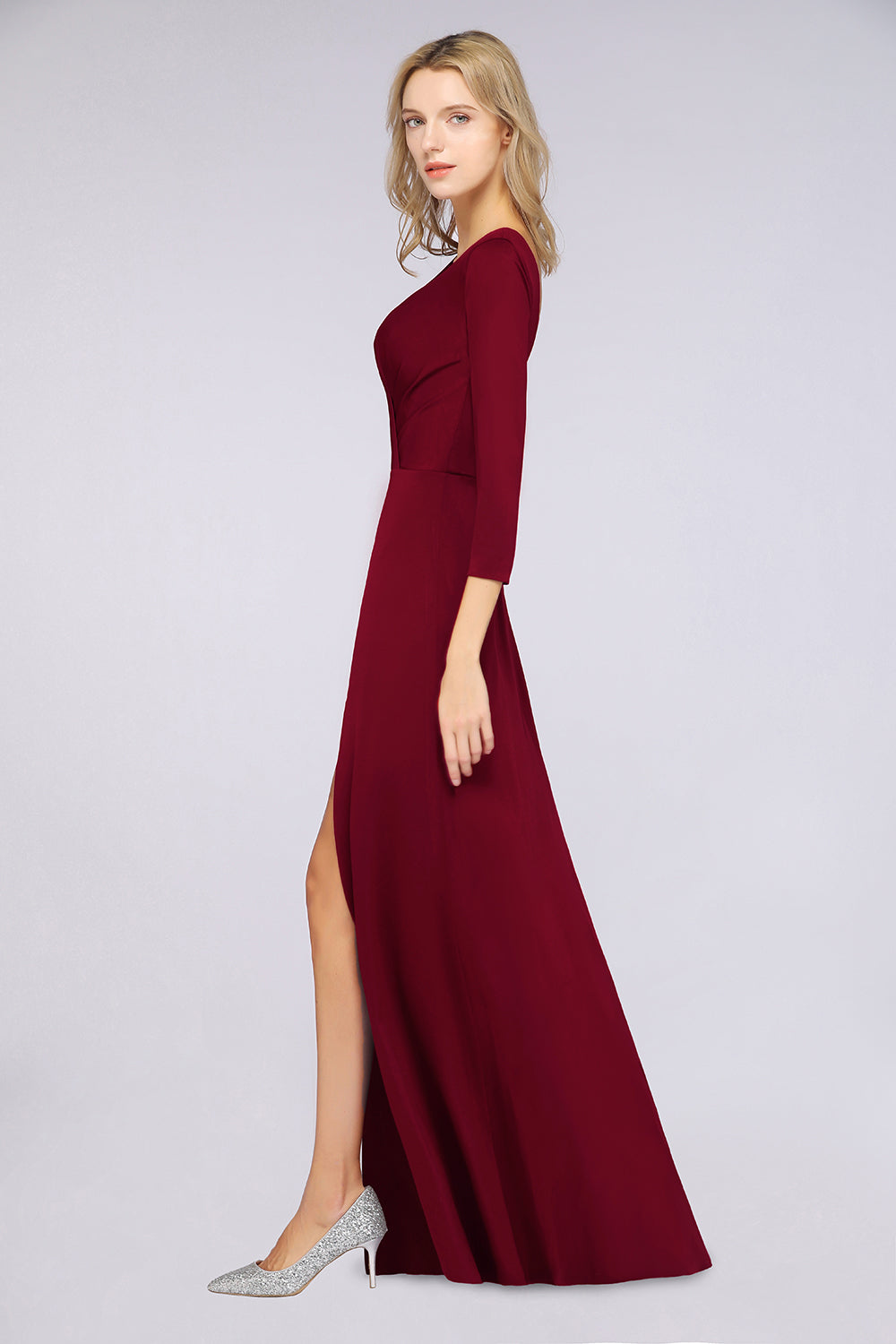 Popular Spandex Long-Sleeves Burgundy Bridesmaid Dresses with Side-Slit-Babyonlines