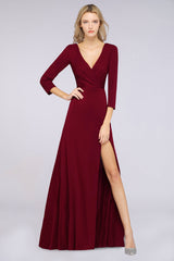 Popular Spandex Long-Sleeves Burgundy Bridesmaid Dresses with Side-Slit-Babyonlines