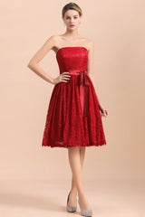 Pretty Strapless Red Lace Bridesmaid Dresses Sleeveless Short Wedding Party Dress with Sash-Babyonlines