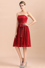 Pretty Strapless Red Lace Bridesmaid Dresses Sleeveless Short Wedding Party Dress with Sash-Babyonlines