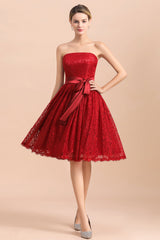 Pretty Strapless Red Lace Bridesmaid Dresses Sleeveless Short Wedding Party Dress with Sash-Babyonlines