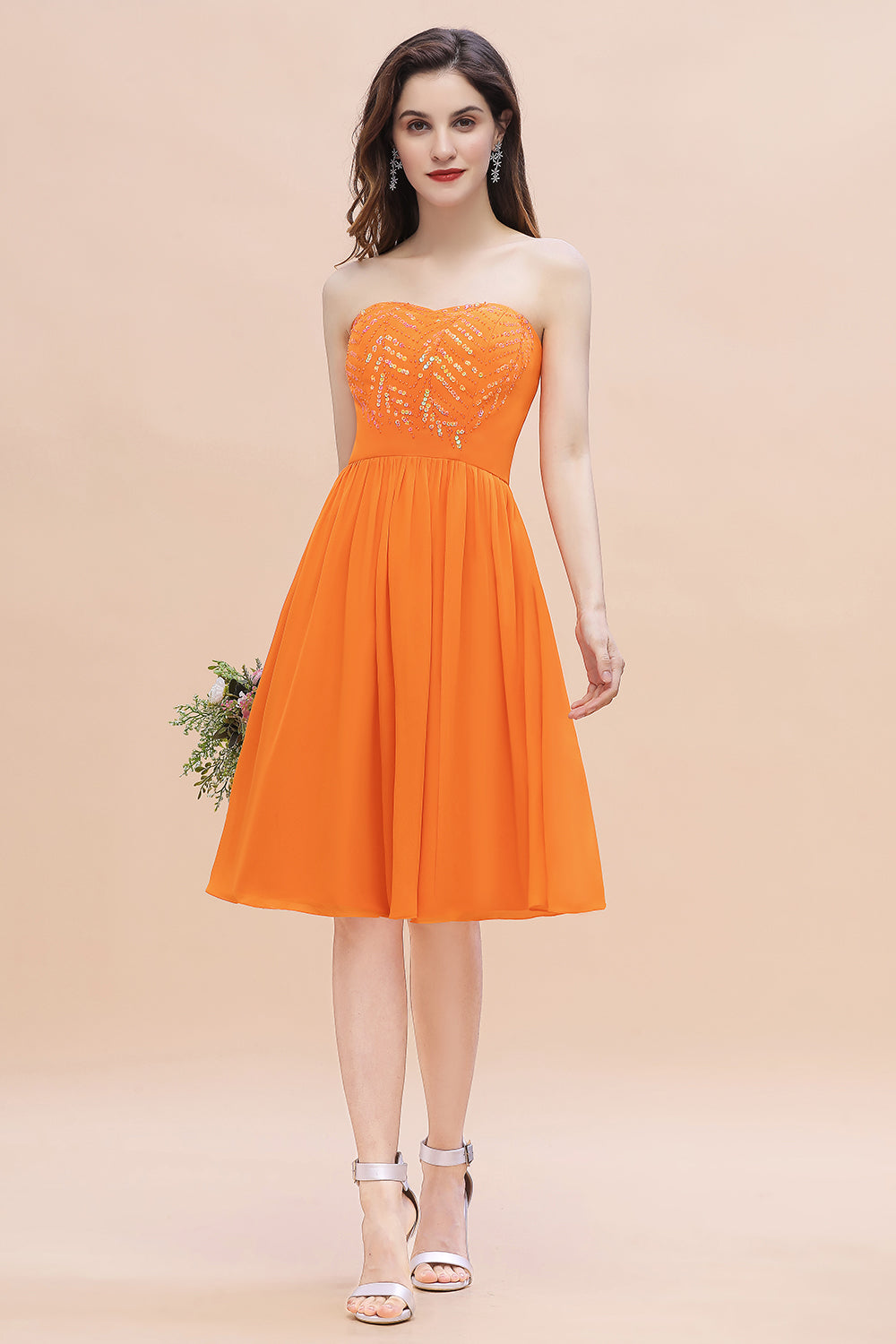 Pretty Strapless Sweetheart Chiffon Sequins Short Bridesmaid Dress with Ruffles-Babyonlines