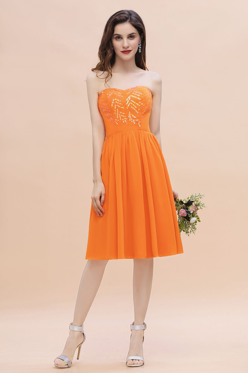 Pretty Strapless Sweetheart Chiffon Sequins Short Bridesmaid Dress with Ruffles-Babyonlines