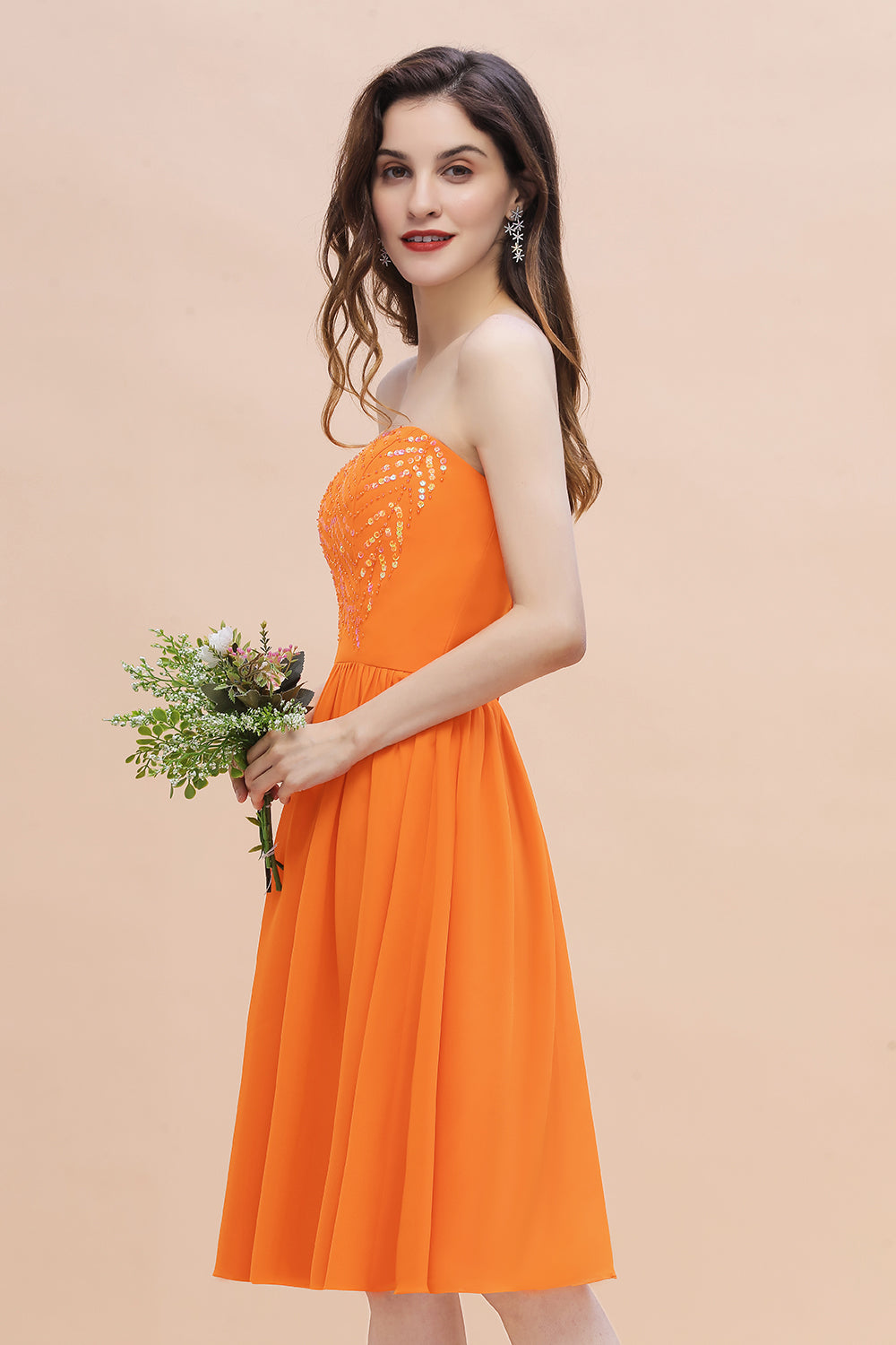 Pretty Strapless Sweetheart Chiffon Sequins Short Bridesmaid Dress with Ruffles-Babyonlines