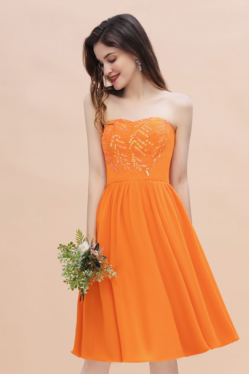 Pretty Strapless Sweetheart Chiffon Sequins Short Bridesmaid Dress with Ruffles-Babyonlines