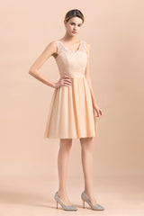 Pretty V-Neck Chiffon Lace Short Bridesmaid Dress with Ruffles Online-Babyonlines