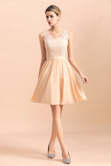 Pretty V-Neck Chiffon Lace Short Bridesmaid Dress with Ruffles Online-Babyonlines