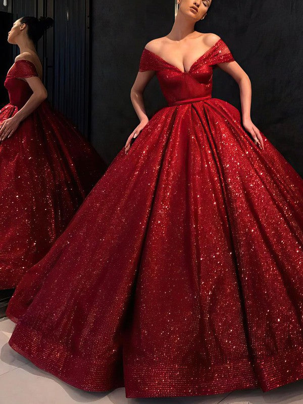 Princess Floor-length Off-the-shoulder Glitter Prom Ball Gown