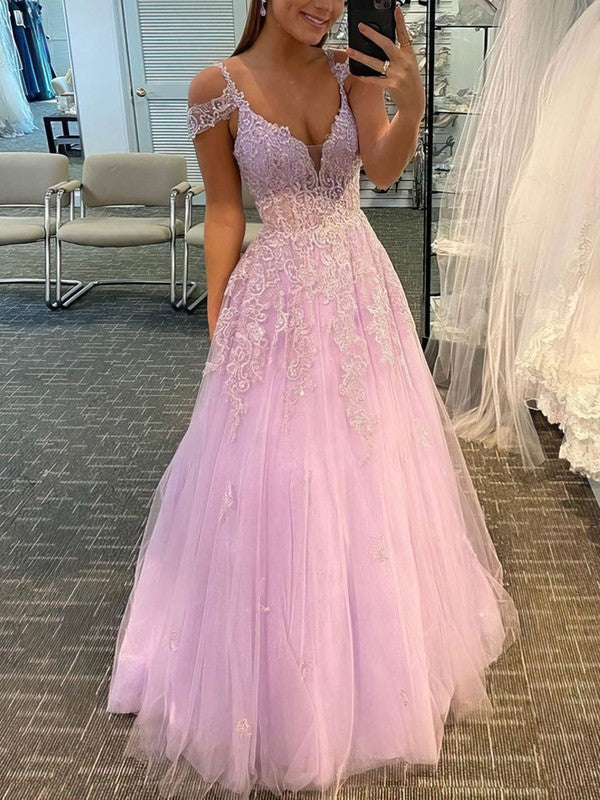 Princess Floor-length V-neck Tulle Appliques Lace Prom Dress