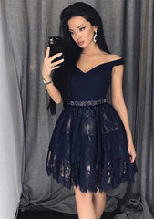 Princess Off-the-Shoulder Sleeveless Lace Homecoming Dress with Beading - Babyonlines