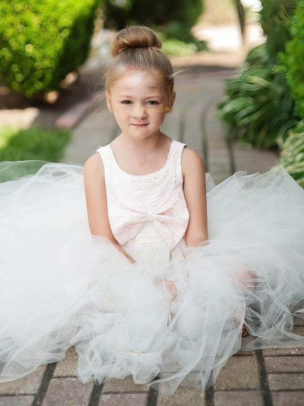 Princess Scoop Neck Lace Tulle with Bow Fabulous Ankle-length Flower Girl Dress