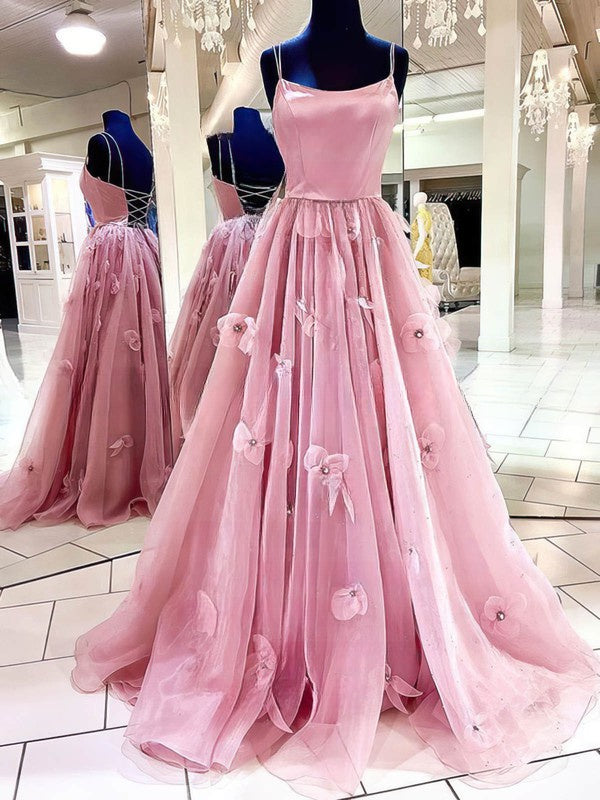 Scoop Neck Satin Organza Flower Prom Dresses - Ball Gown/Princess Floor-length