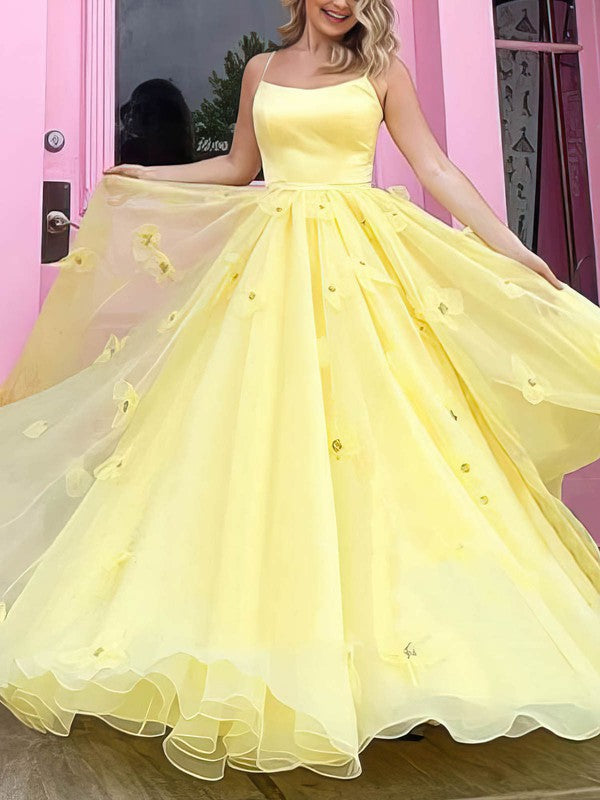 Scoop Neck Satin Organza Flower Prom Dresses - Ball Gown/Princess Floor-length