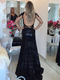 Scoop Neck Sequined Trumpet/Mermaid Prom Dress with Sweep Train and Appliques Lace