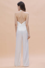 Sexy Deep-V-Neck Halter Backless Charmeuse Bridesmaid Jumpsuit Online-Babyonlines