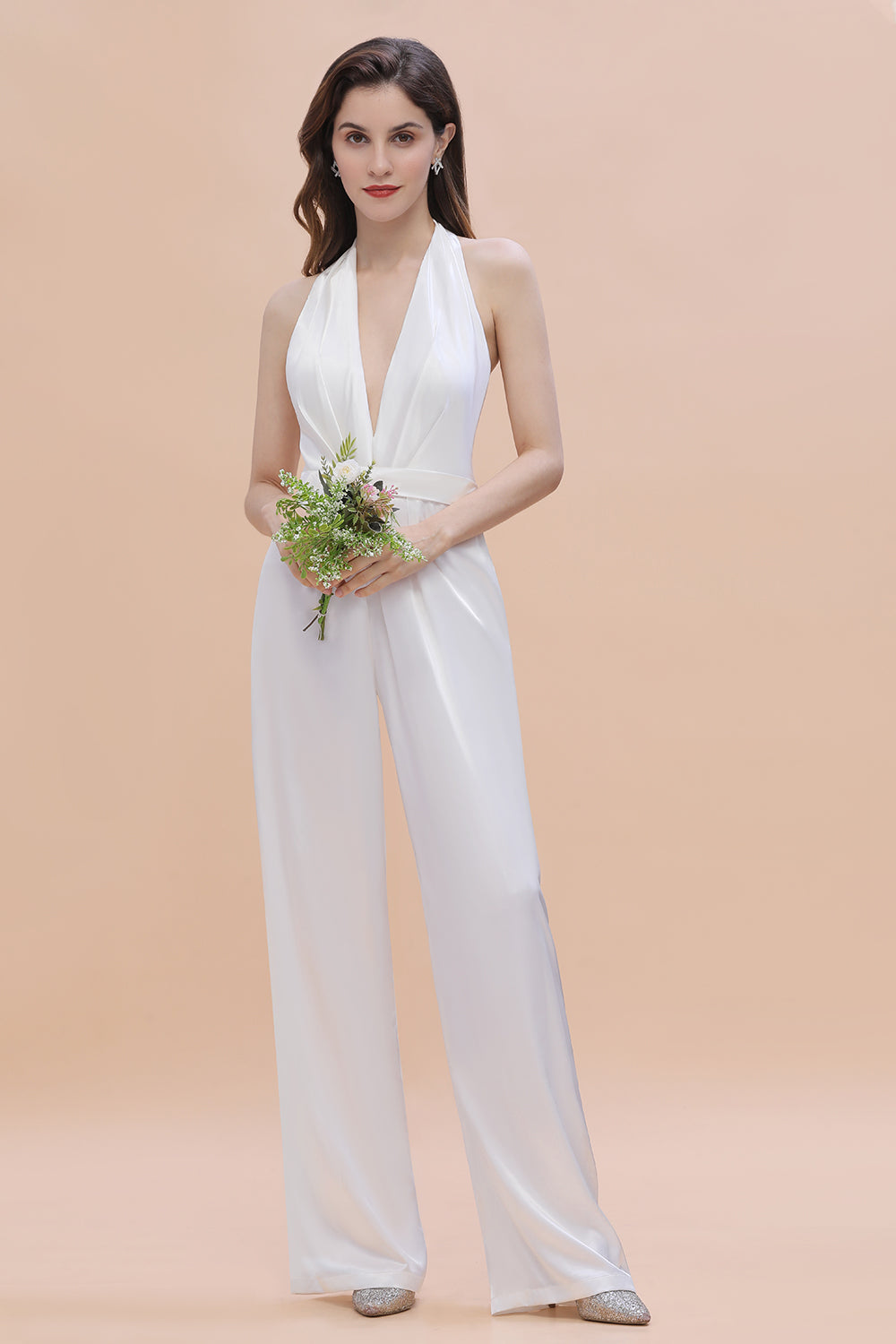 Sexy Deep-V-Neck Halter Backless Charmeuse Bridesmaid Jumpsuit Online-Babyonlines