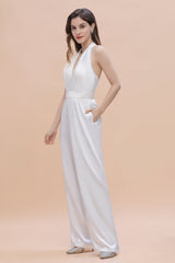 Sexy Deep-V-Neck Halter Backless Charmeuse Bridesmaid Jumpsuit Online-Babyonlines