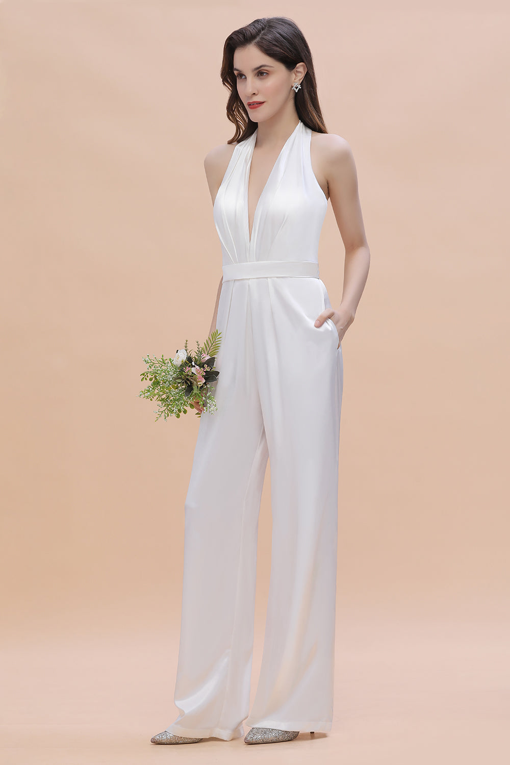 Sexy Deep-V-Neck Halter Backless Charmeuse Bridesmaid Jumpsuit Online-Babyonlines