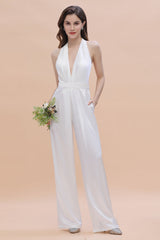 Sexy Deep-V-Neck Halter Backless Charmeuse Bridesmaid Jumpsuit Online-Babyonlines