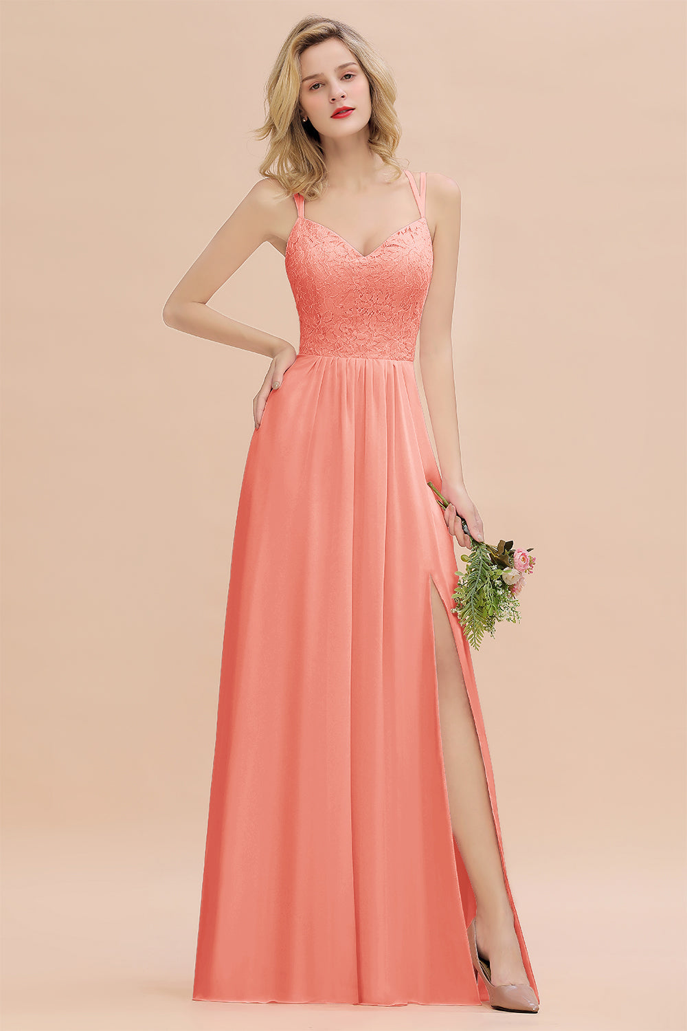 Sexy Spaghetti-Straps Coral Lace Bridesmaid Dresses with Slit-Babyonlines