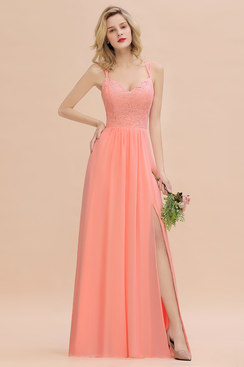 Sexy Spaghetti-Straps Coral Lace Bridesmaid Dresses with Slit-Babyonlines