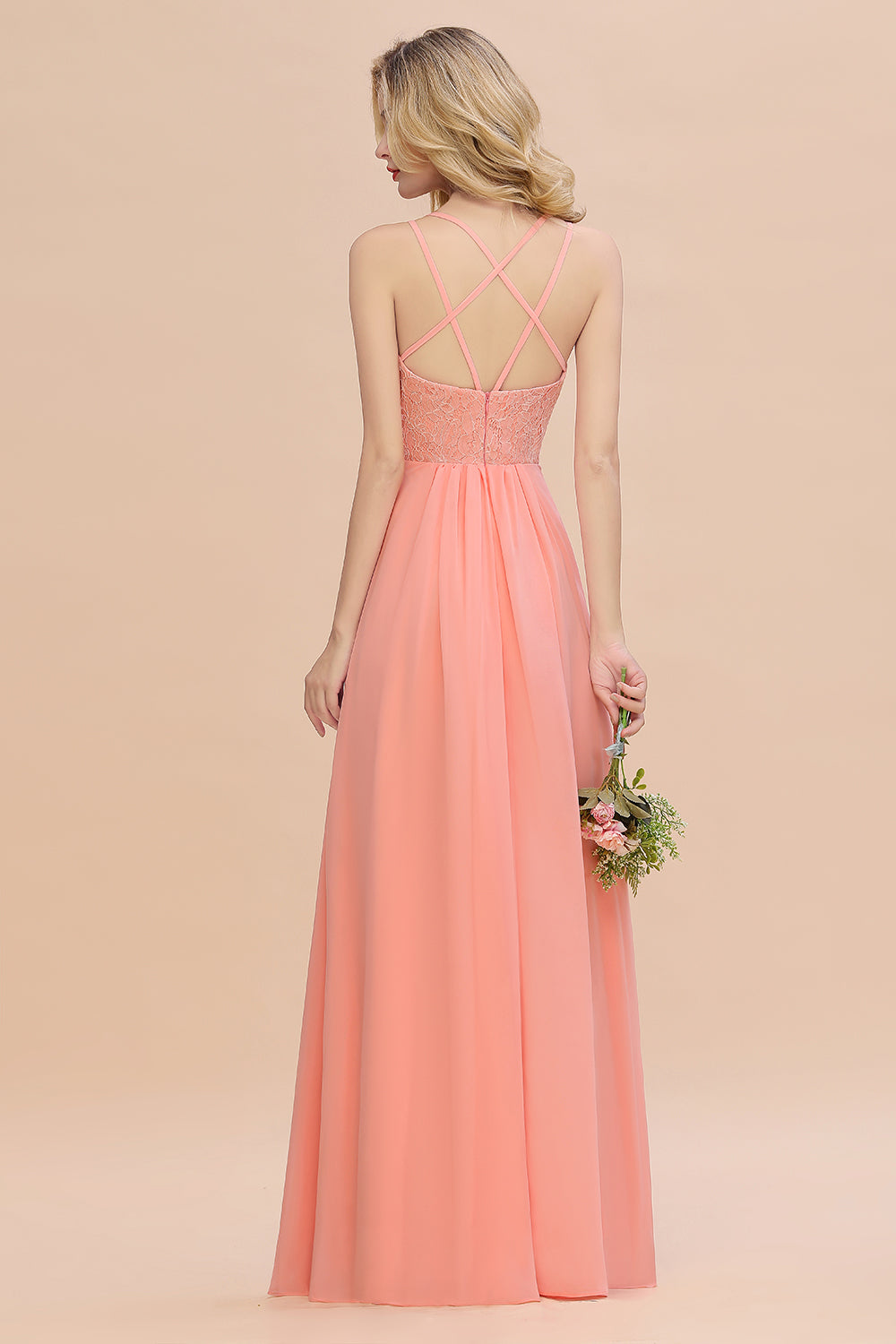 Sexy Spaghetti-Straps Coral Lace Bridesmaid Dresses with Slit-Babyonlines