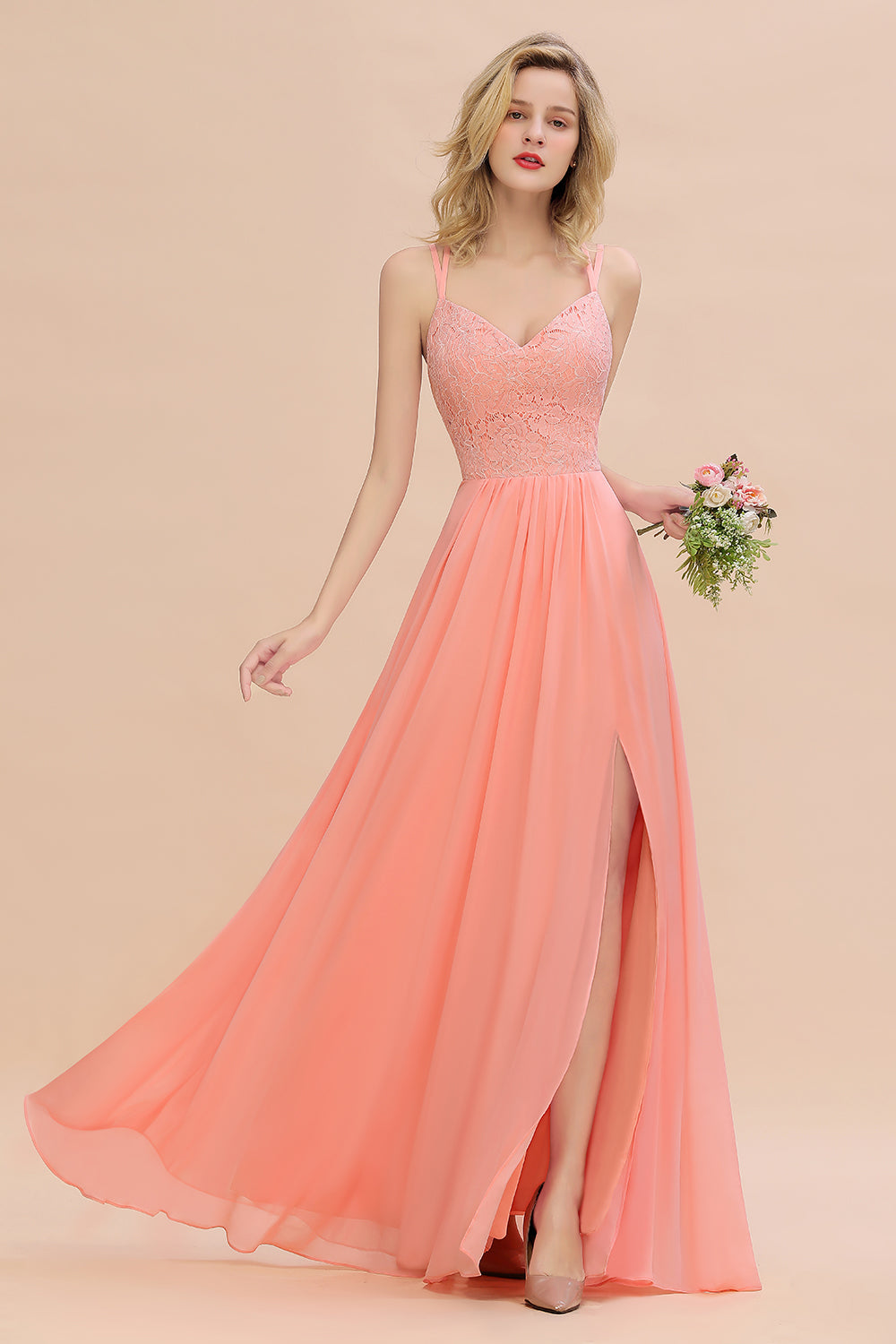 Sexy Spaghetti-Straps Coral Lace Bridesmaid Dresses with Slit-Babyonlines