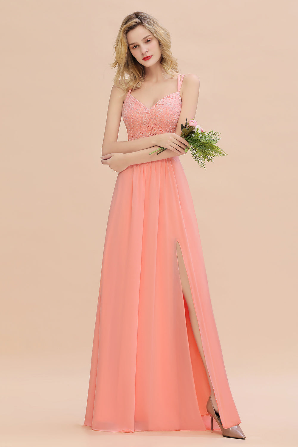 Sexy Spaghetti-Straps Coral Lace Bridesmaid Dresses with Slit-Babyonlines