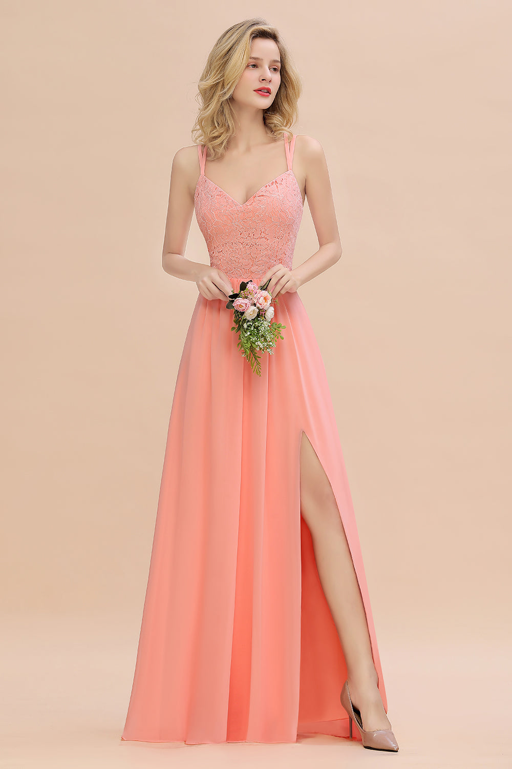 Sexy Spaghetti-Straps Coral Lace Bridesmaid Dresses with Slit-Babyonlines