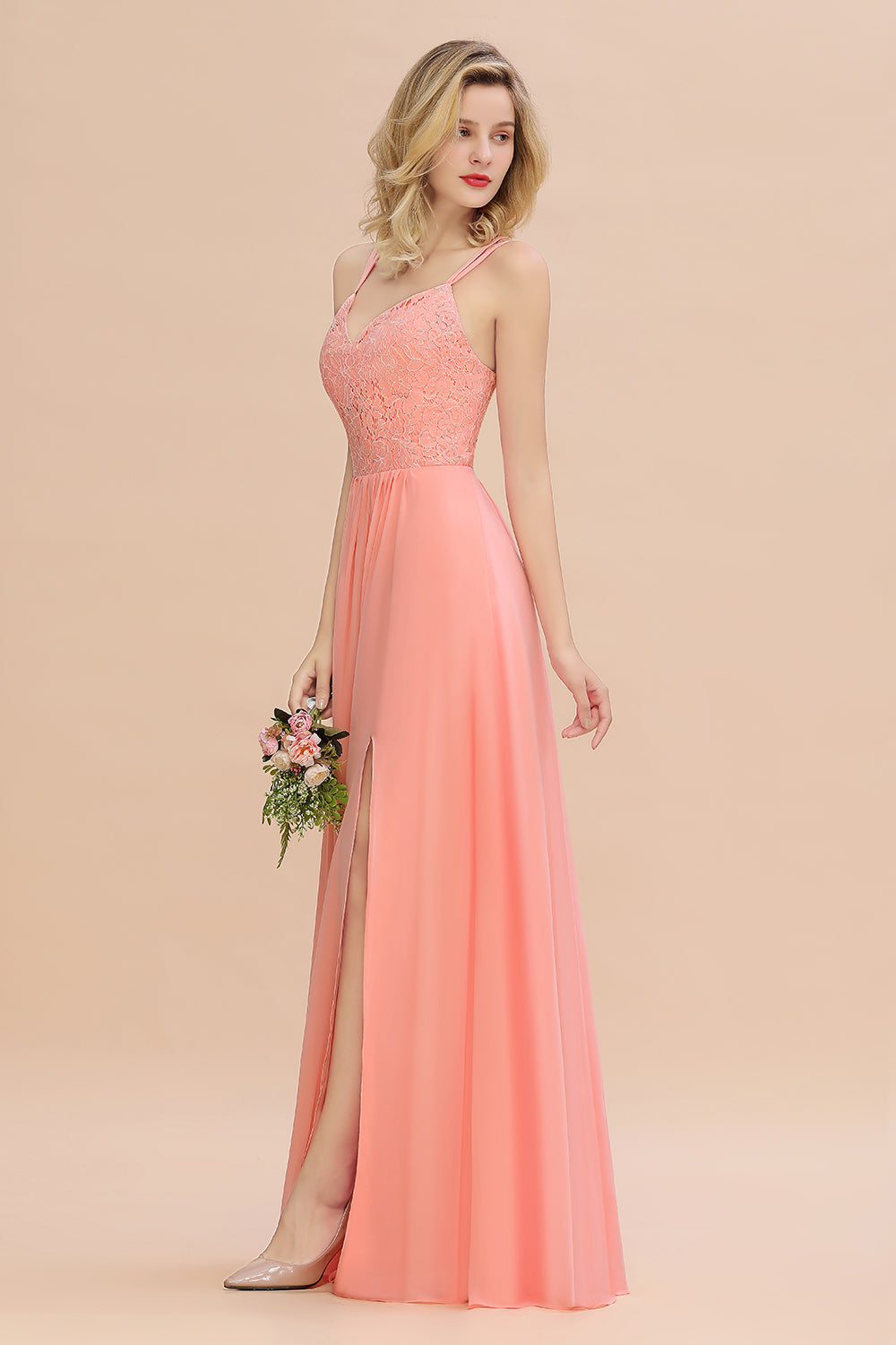 Sexy Spaghetti-Straps Coral Lace Bridesmaid Dresses with Slit-Babyonlines